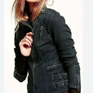 Free People Strap & Buckle Denim Moto Jacket Black